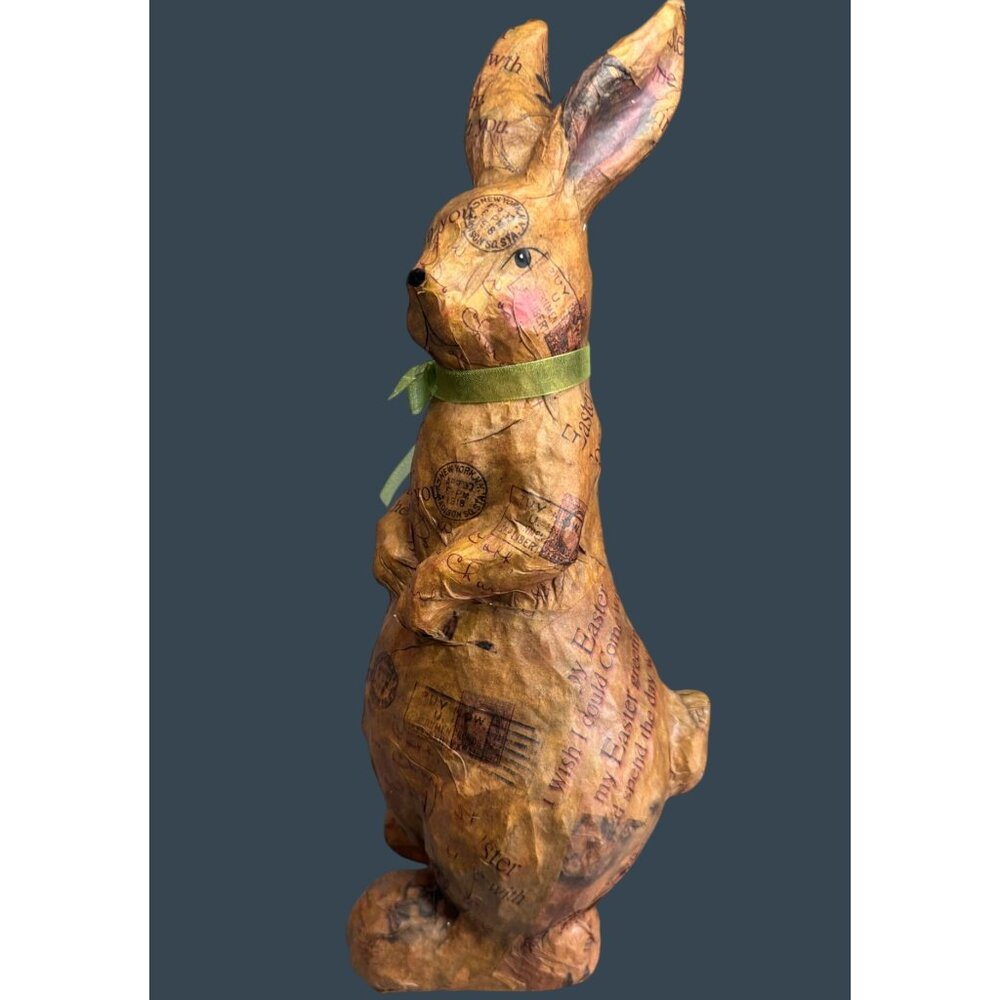 Vintage Decoupage Paper Mache Bunny Rabbit Postcard Print Green Bow 16" - Picture 4 of 12